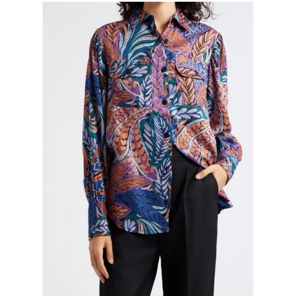 Banjanan Womens Multi Color Tropical Leaf Print Cotton Button Down Shirt M
